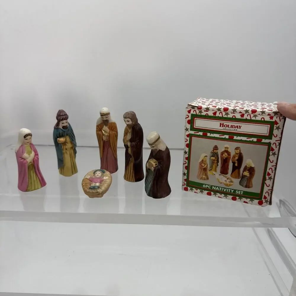 6 Pc Mini Nativity World Bazaars Holiday Collection Ceramic Tallest Piece 3.25”